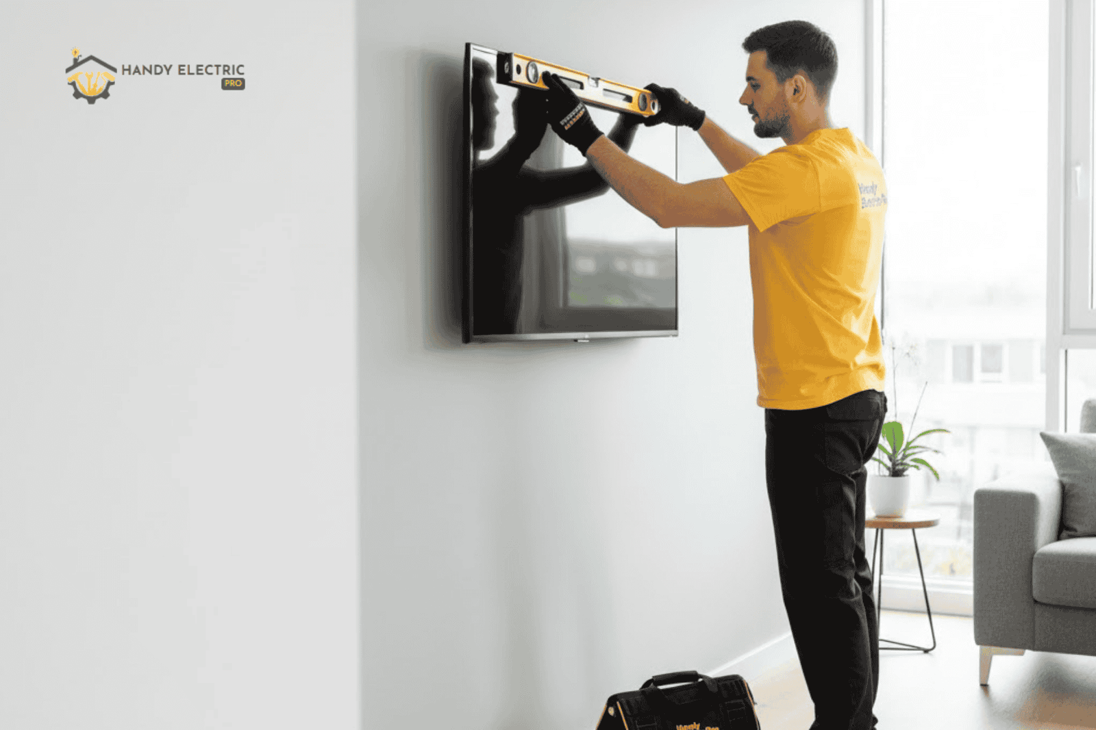 Professional handyman mounting flat screen TV on living room wall using level tool