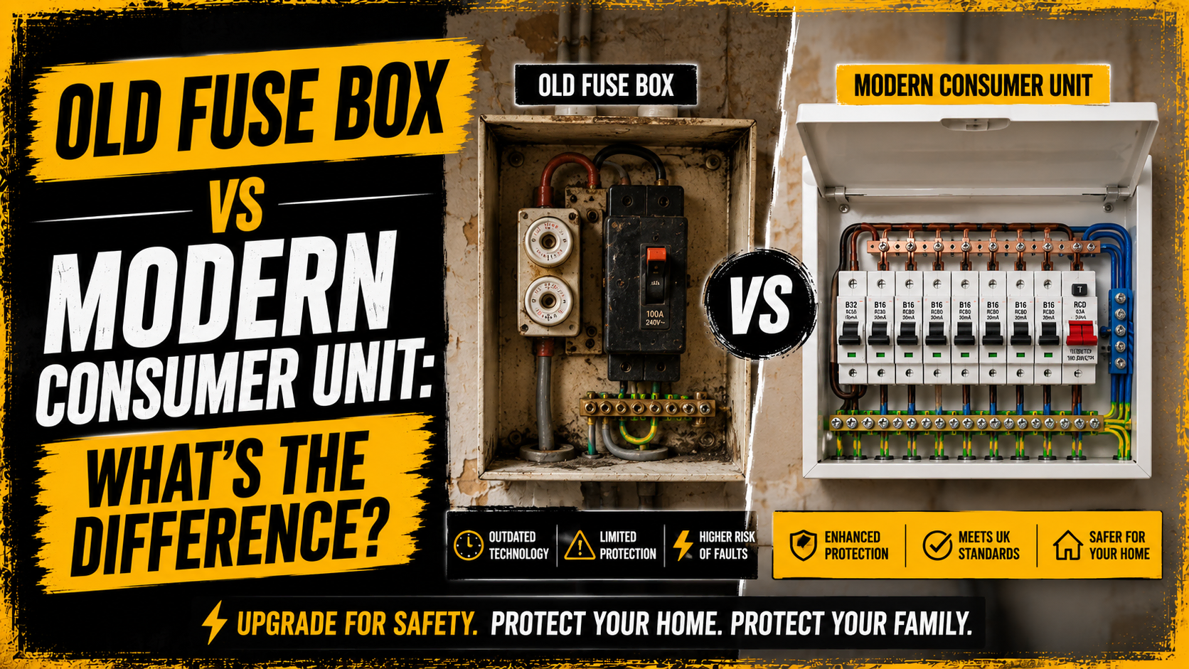 Old fuse box compared with a modern UK consumer unit highlighting improved electrical safety and circuit protection.