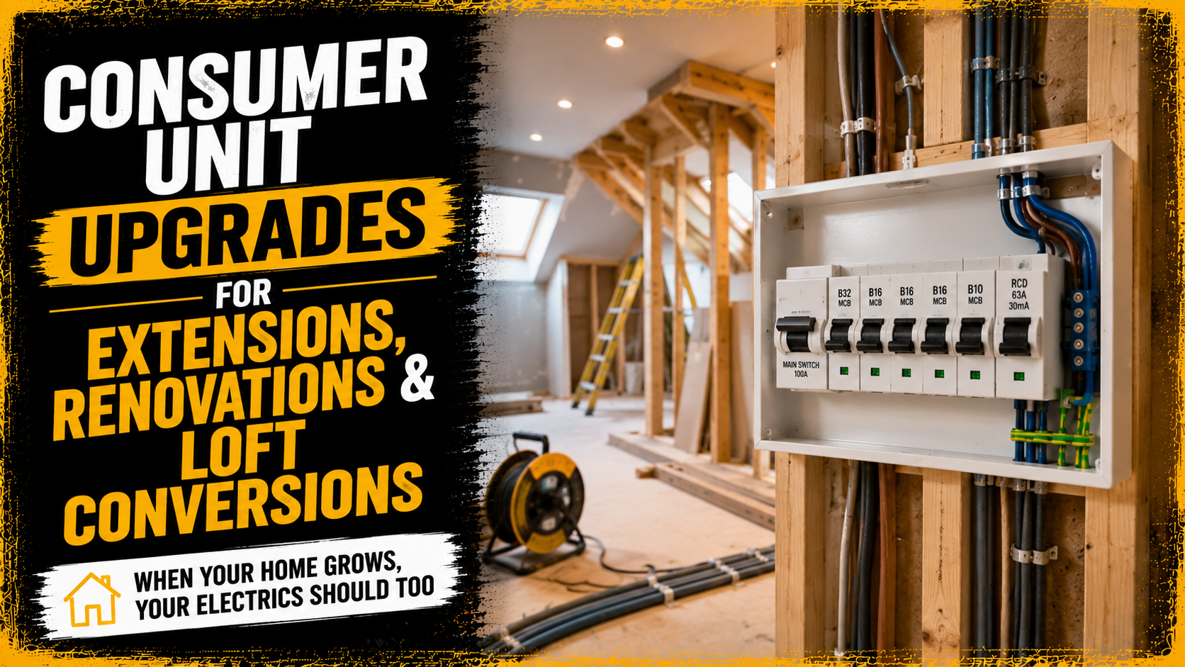 Featured image showing a modern UK consumer unit installed as part of a home extension, renovation, and loft conversion project. The image highlights new electrical wiring, timber stud walls, and a contemporary consumer unit, illustrating the importance of upgrading electrical systems when expanding or renovating a property.