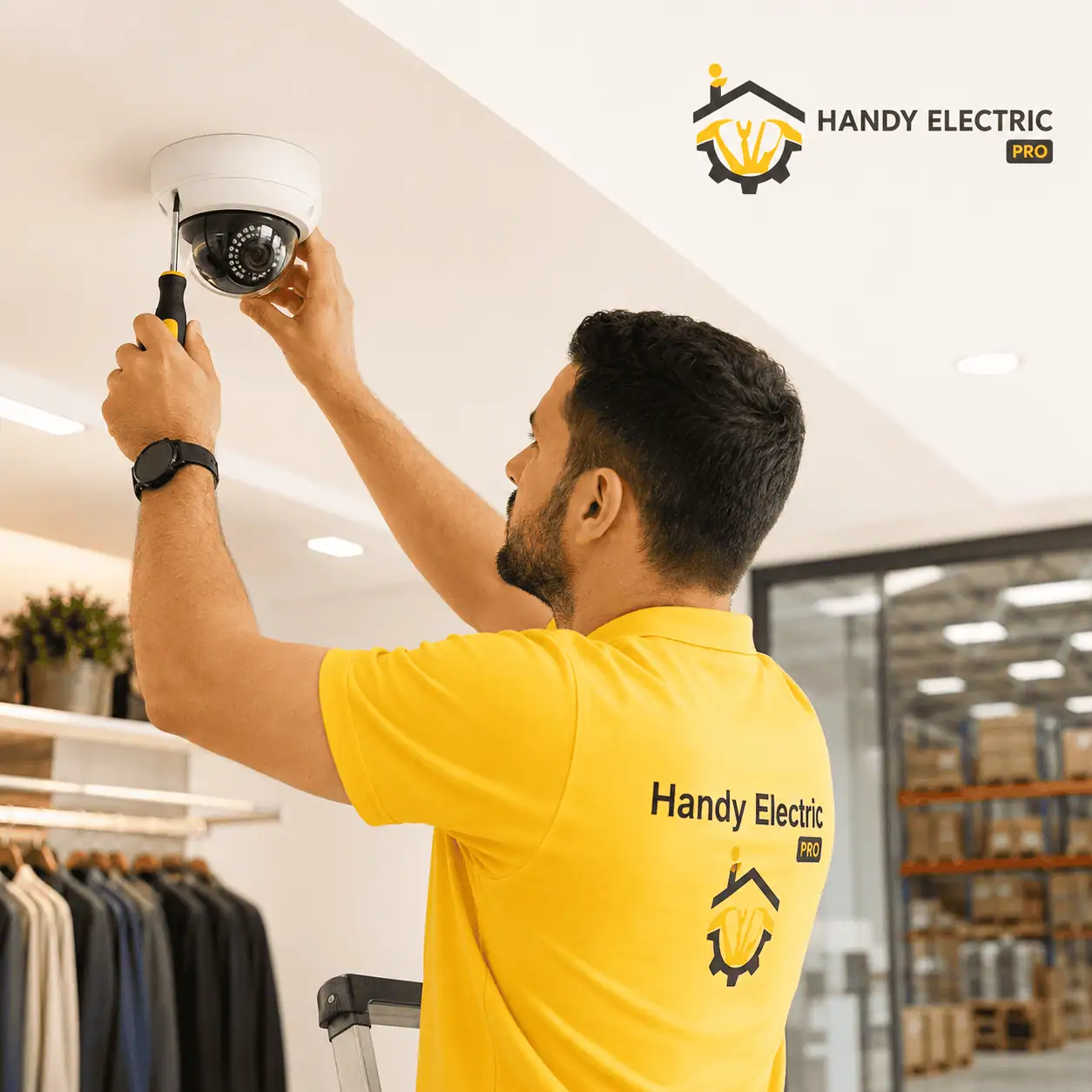 Commercial security camera installation by professional electrician
