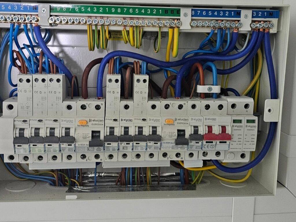 Professionally installed consumer unit with RCBO protection and neatly organised electrical wiring completed by Handy Electric Pro