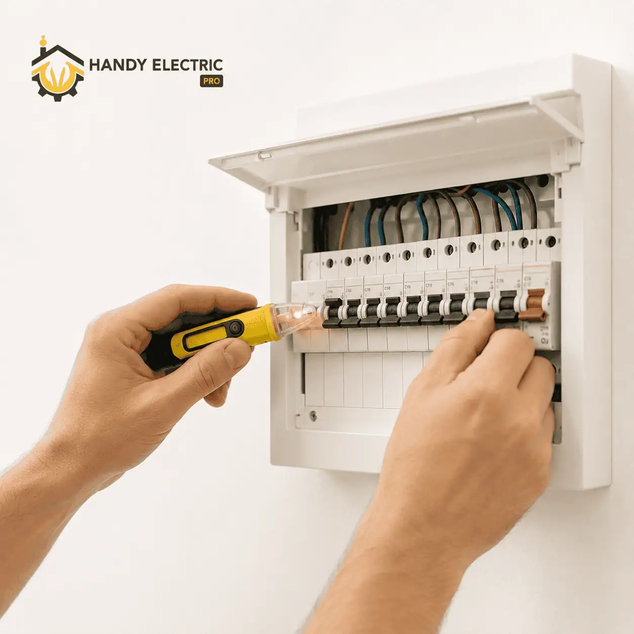 Electrical breaker panel with RCD and circuit breakers being inspected by an electrician.
