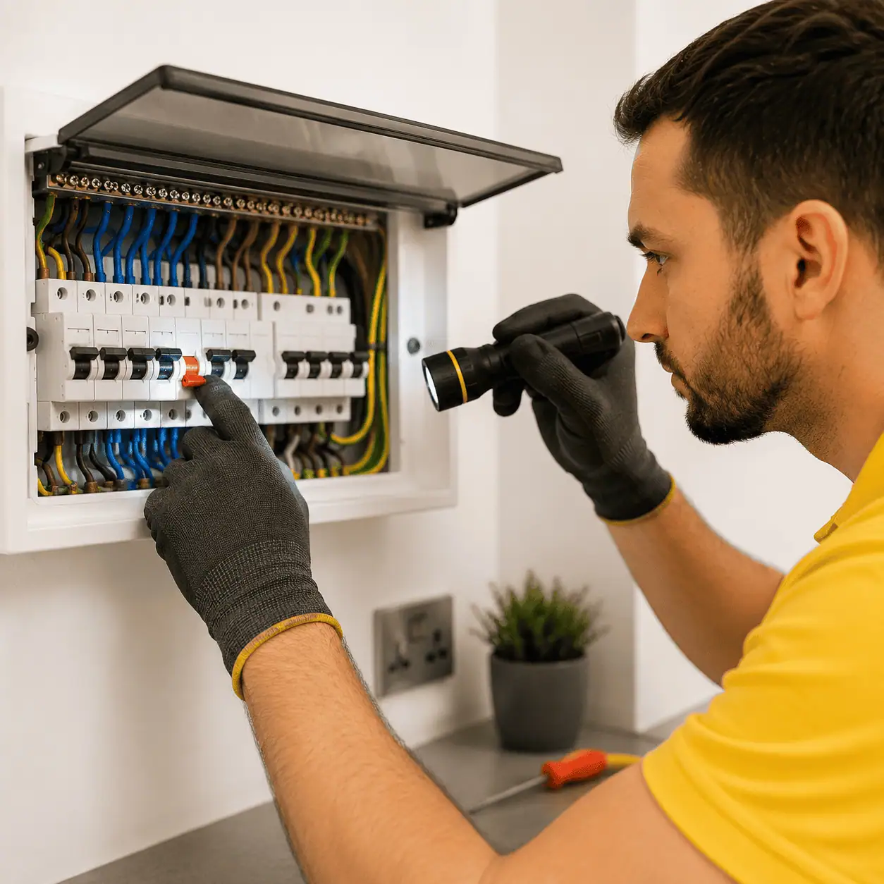 Electrician inspecting a tripped RCD in a consumer unit to diagnose an electrical fault.